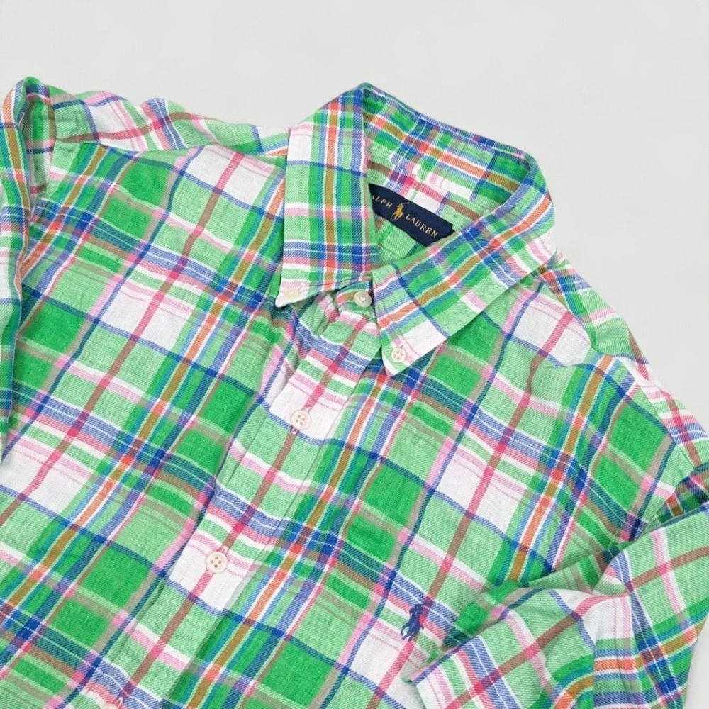 Polo Ralph Lauren Linen Button Up Shirt Mens Large‎ Multicolor Plaid Casual